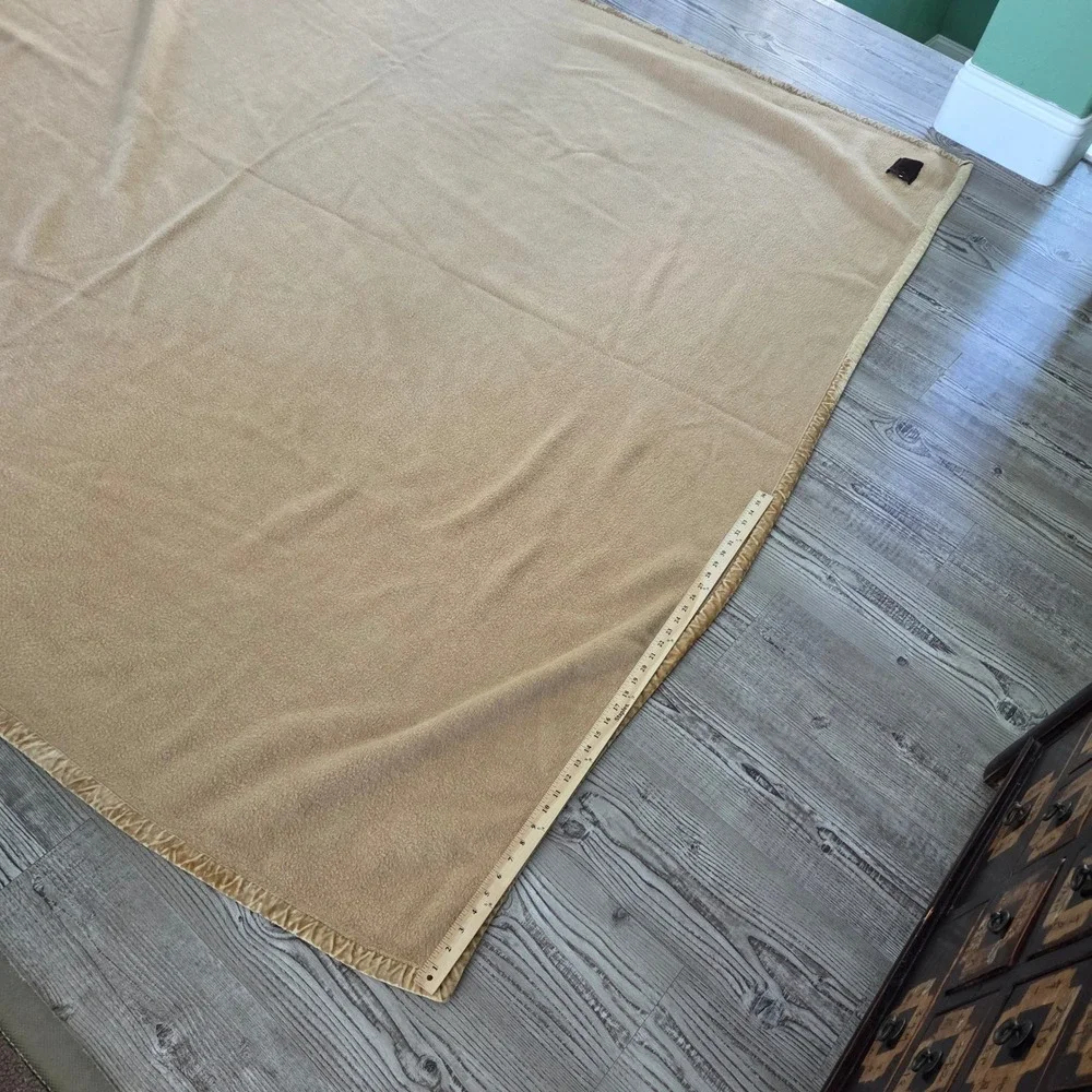 Vintage Camel Tan Wool Blend Blanket Velvet Binding Trim Oversized 94x84 Rustic